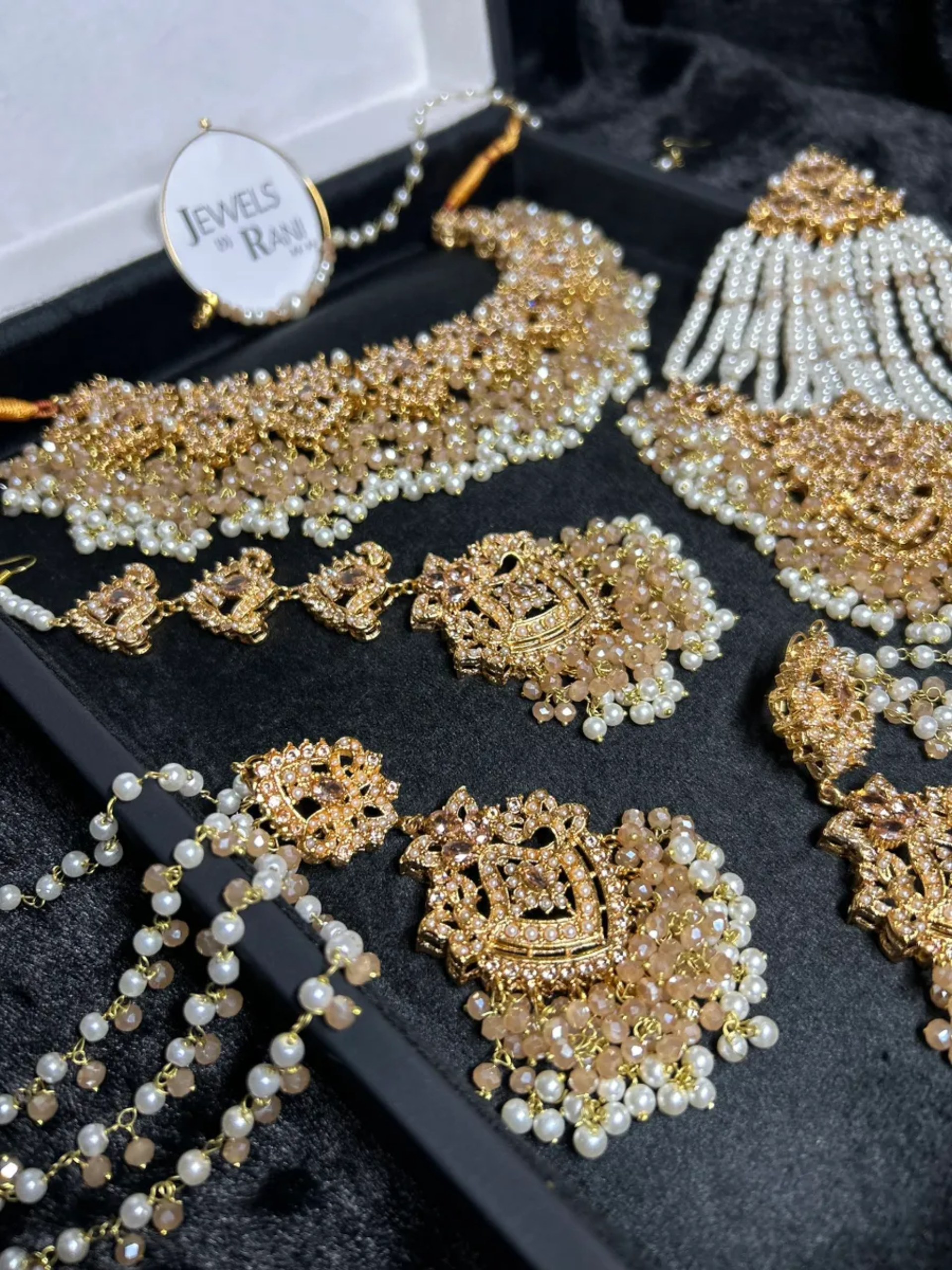 Beautiful Ivory/ Gold & White Heavily Beaded Bridal Jewellery Set - Jewelsbyrani