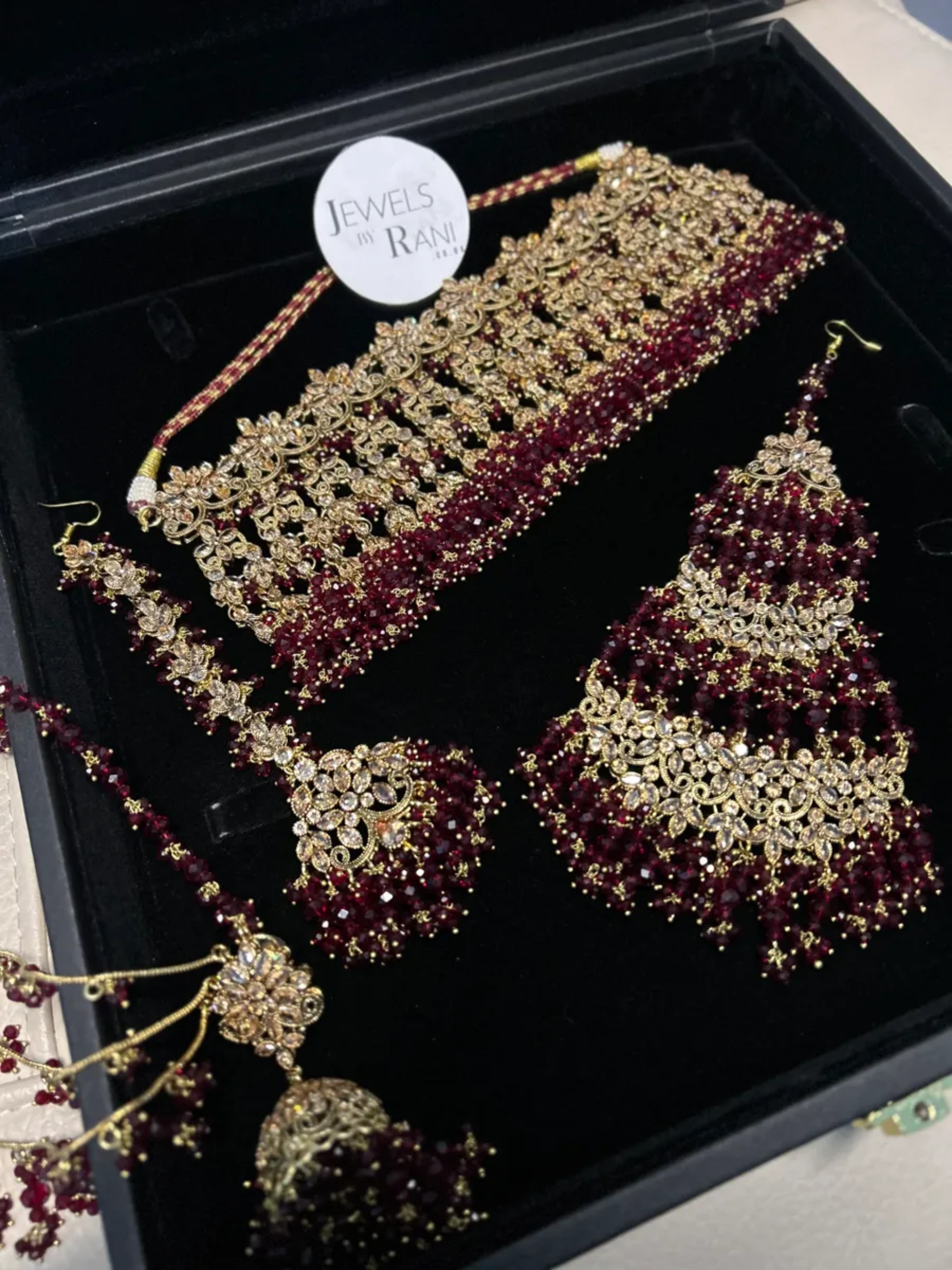Pakistani Gorgeous Choker Necklace Maroon Full Bridal Jewellery Set/ Style 50 - Jewelsbyrani