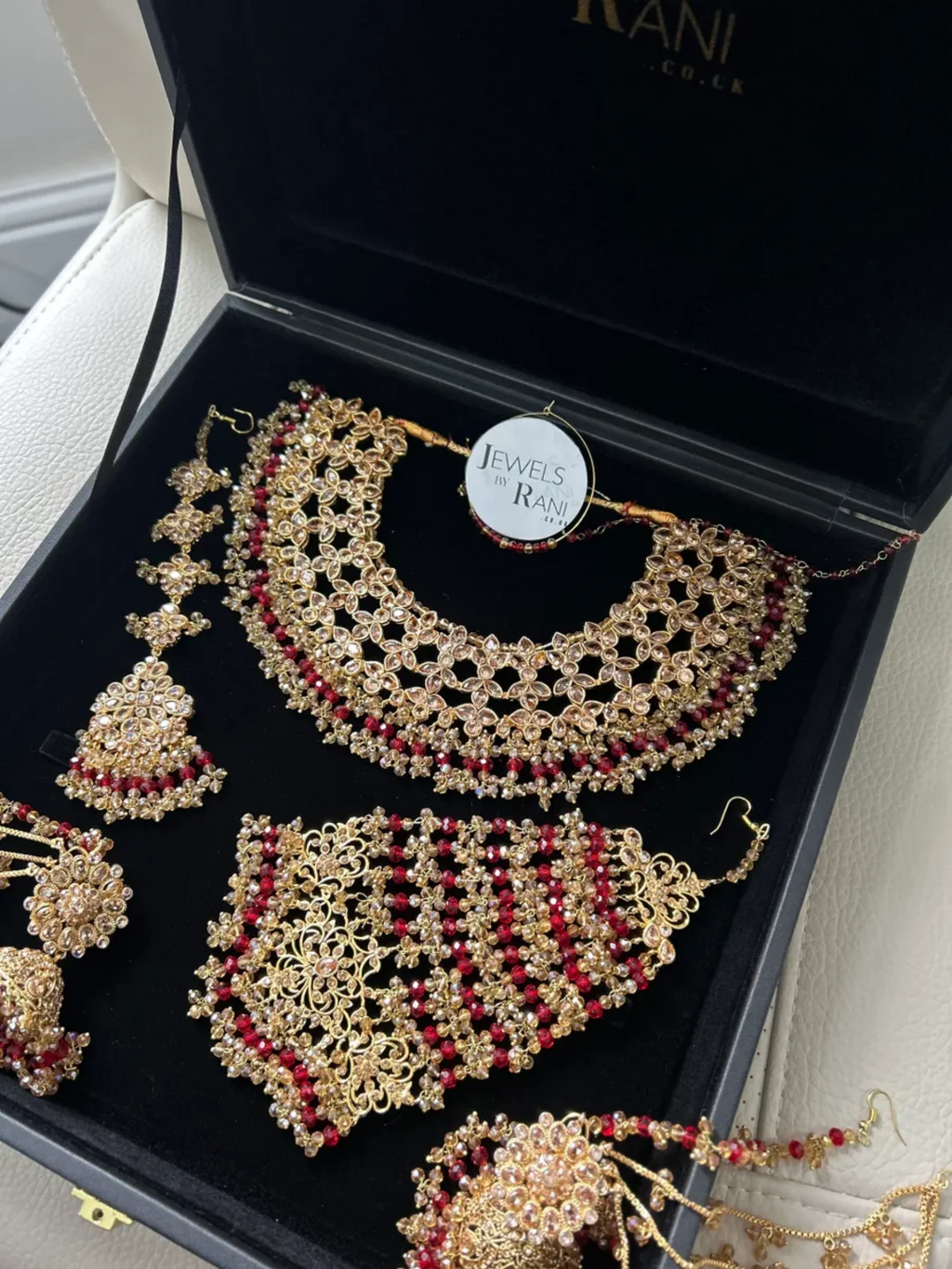 Gold and Deep Red Full Pakistani Bridal Jewellery Set - Jewelsbyrani