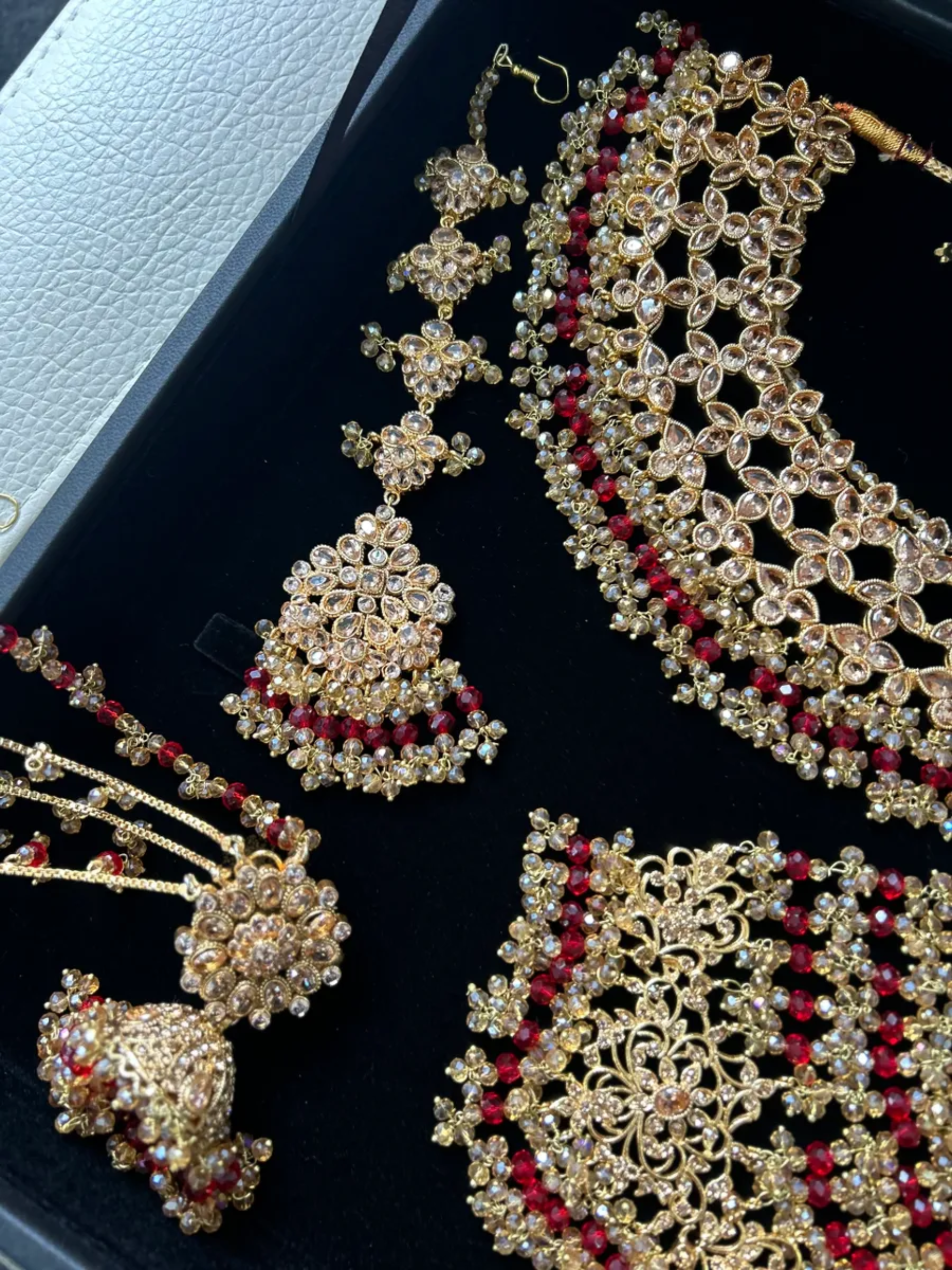Gold and Deep Red Full Pakistani Bridal Jewellery Set - Jewelsbyrani