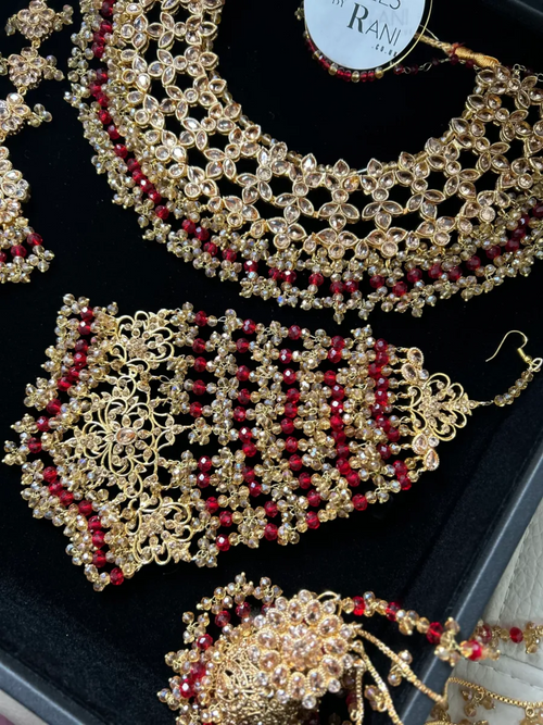 Gold and Deep Red Full Pakistani Bridal Jewellery Set - Jewelsbyrani
