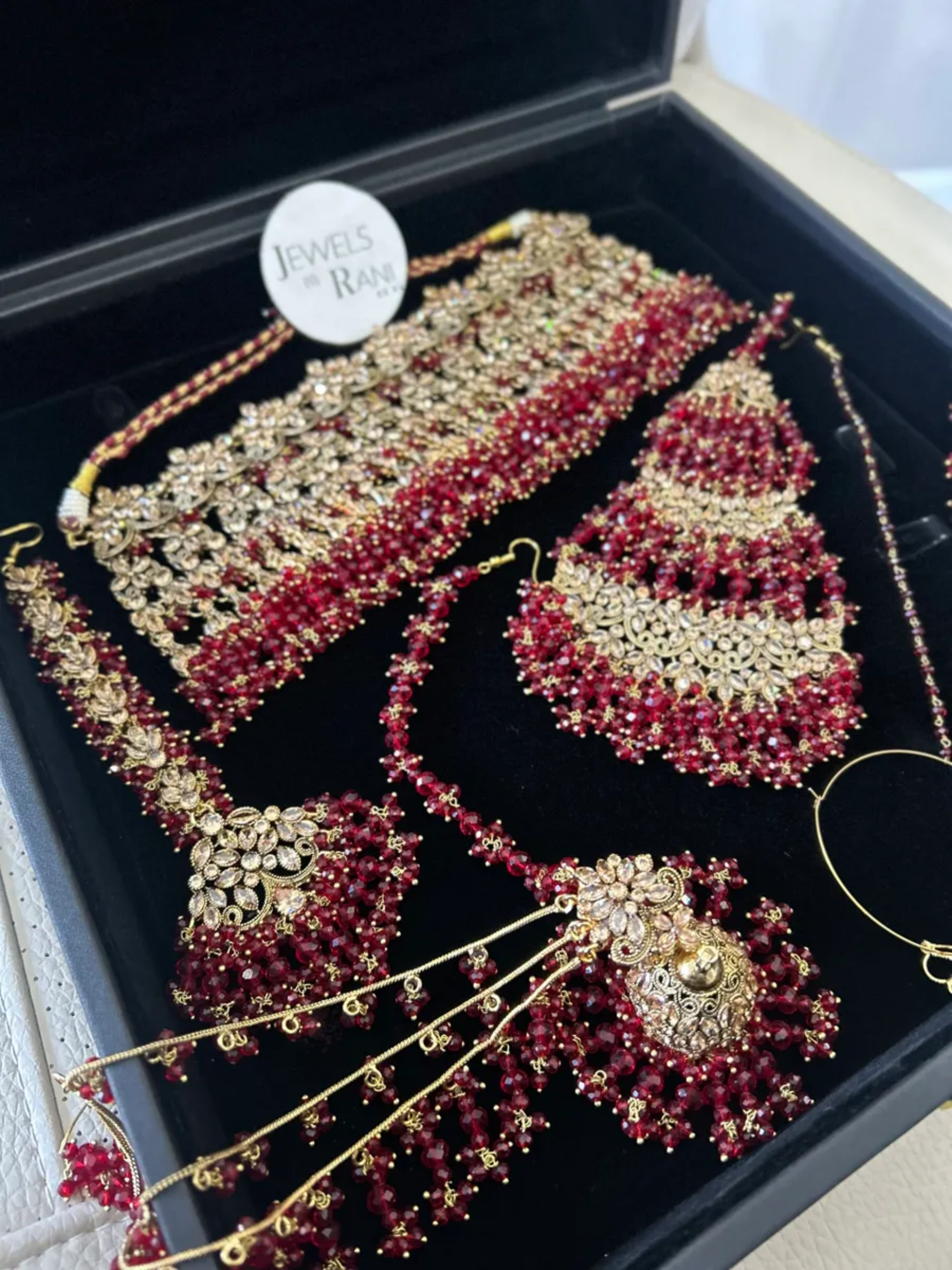 Pakistani Gorgeous Choker Necklace Deep Red Full Bridal Jewellery Set/ Style 50 - Jewelsbyrani