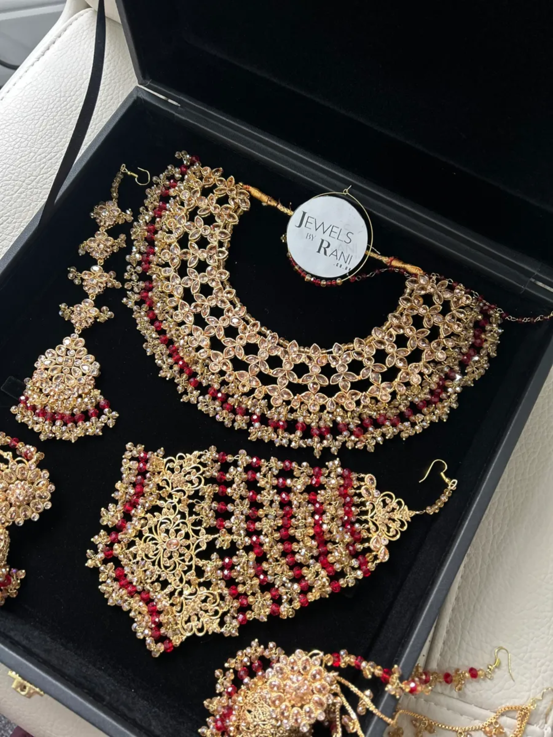 Gold and Deep Red Full Pakistani Bridal Jewellery Set - Jewelsbyrani