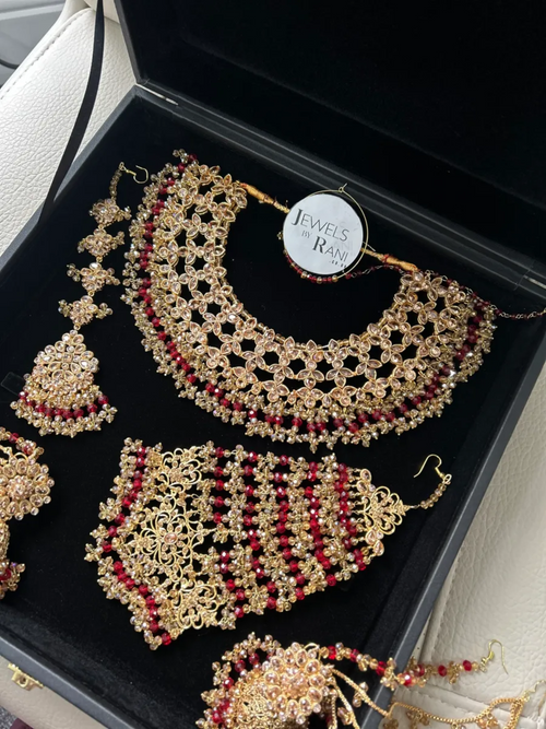 Gold and Deep Red Full Pakistani Bridal Jewellery Set - Jewelsbyrani