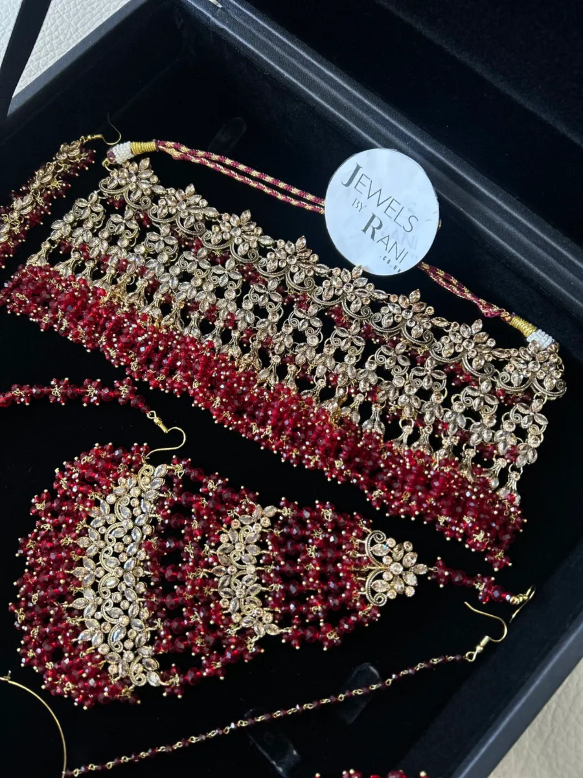 Pakistani Gorgeous Choker Necklace Deep Red Full Bridal Jewellery Set/ Style 50 - Jewelsbyrani