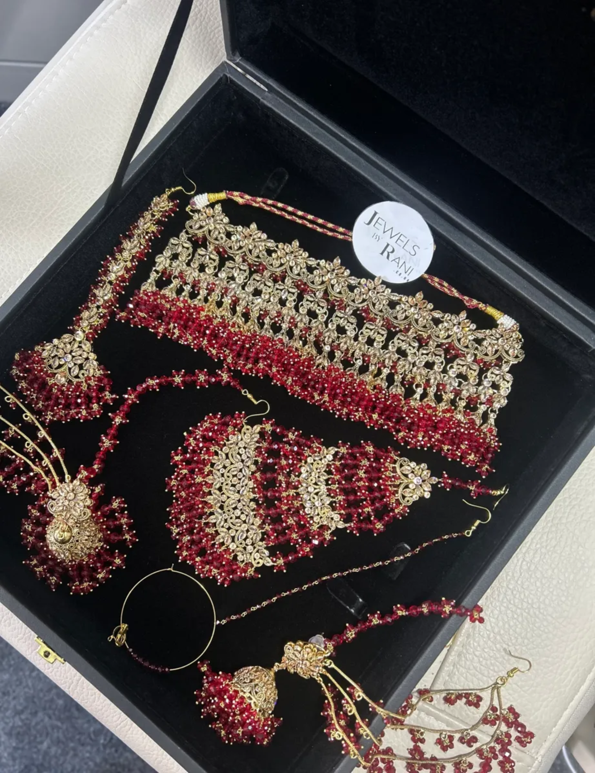 Pakistani Gorgeous Choker Necklace Deep Red Full Bridal Jewellery Set/ Style 50 - Jewelsbyrani