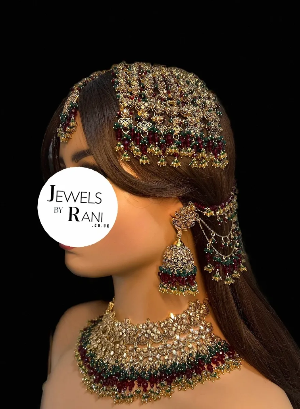 Pakistani Beautiful Maroon & Green Full Bridal Jewellery Set/ Style 75 - Jewelsbyrani