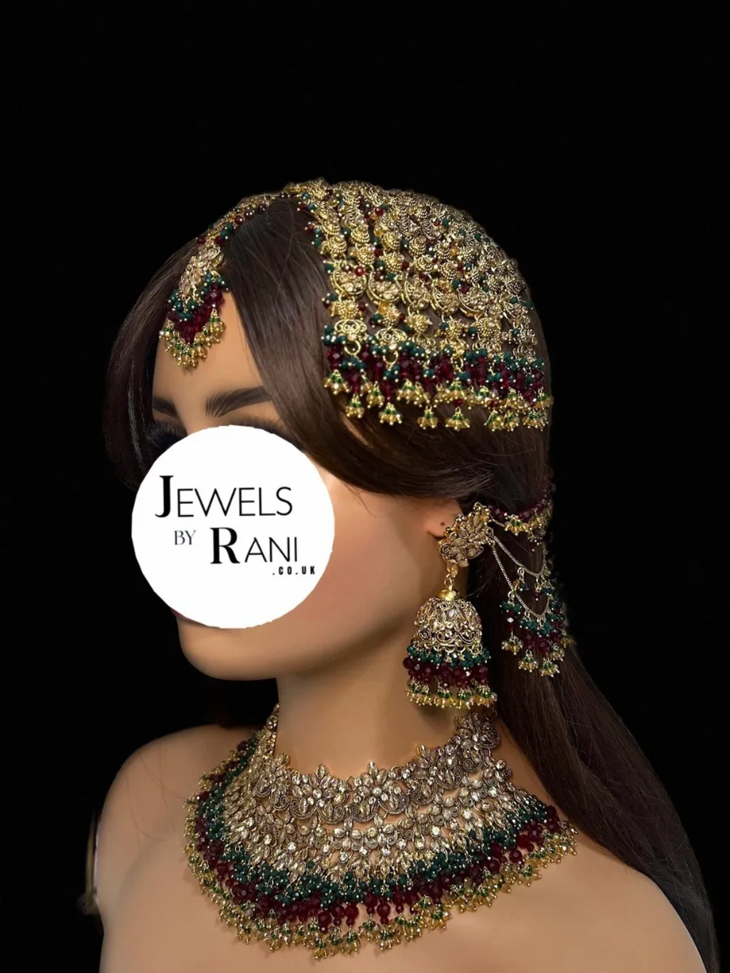 Pakistani Beautiful Maroon & Green Full Bridal Jewellery Set/ Style 75 - Jewelsbyrani