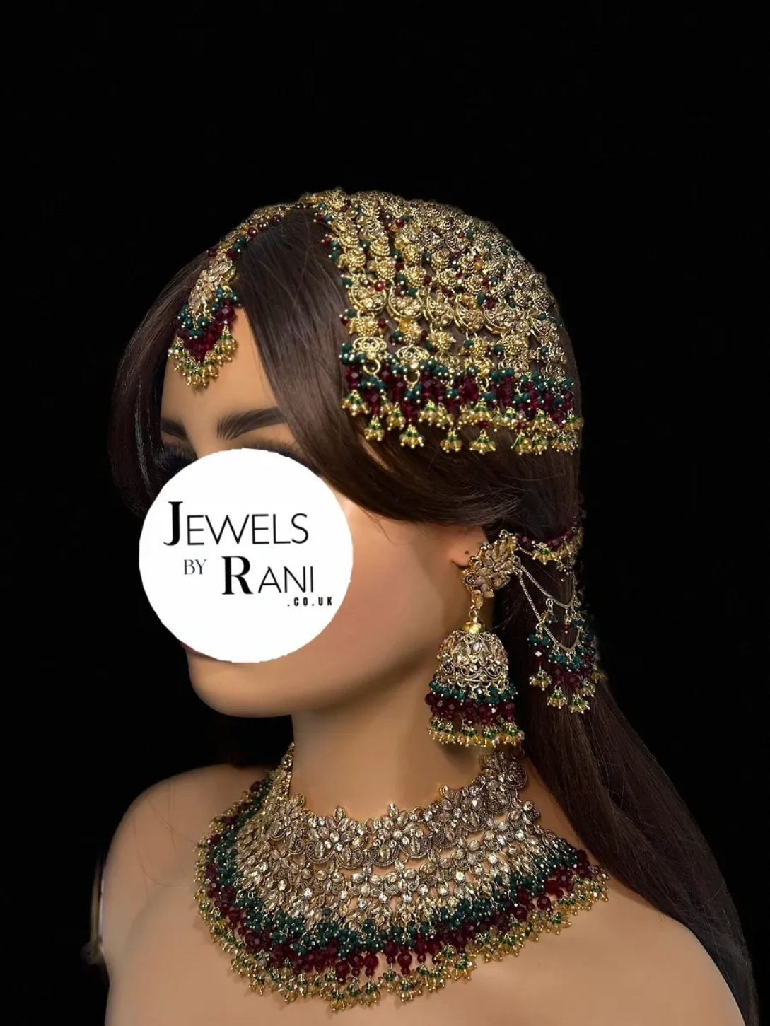 Pakistani Beautiful Maroon & Green Full Bridal Jewellery Set/ Style 75 - Jewelsbyrani