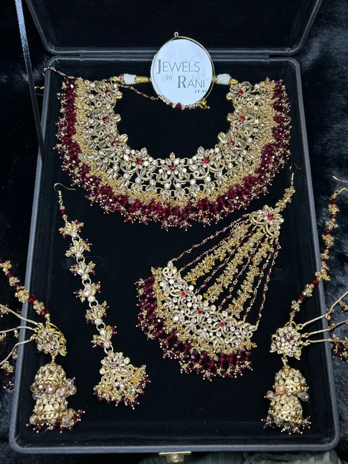 24 crt Gold Plated -Maroon Stones & Maroon and Gold beading Bridal Jewellery Set