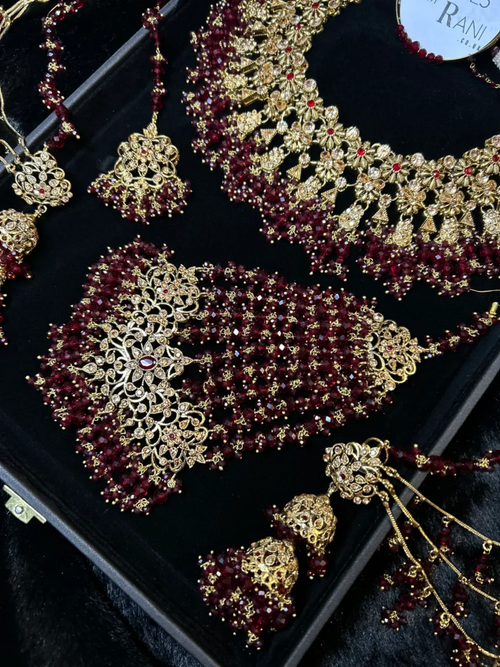 24 crt Gold Plated - Beautiful Maroon Pakistani Bridal Jewellery Set