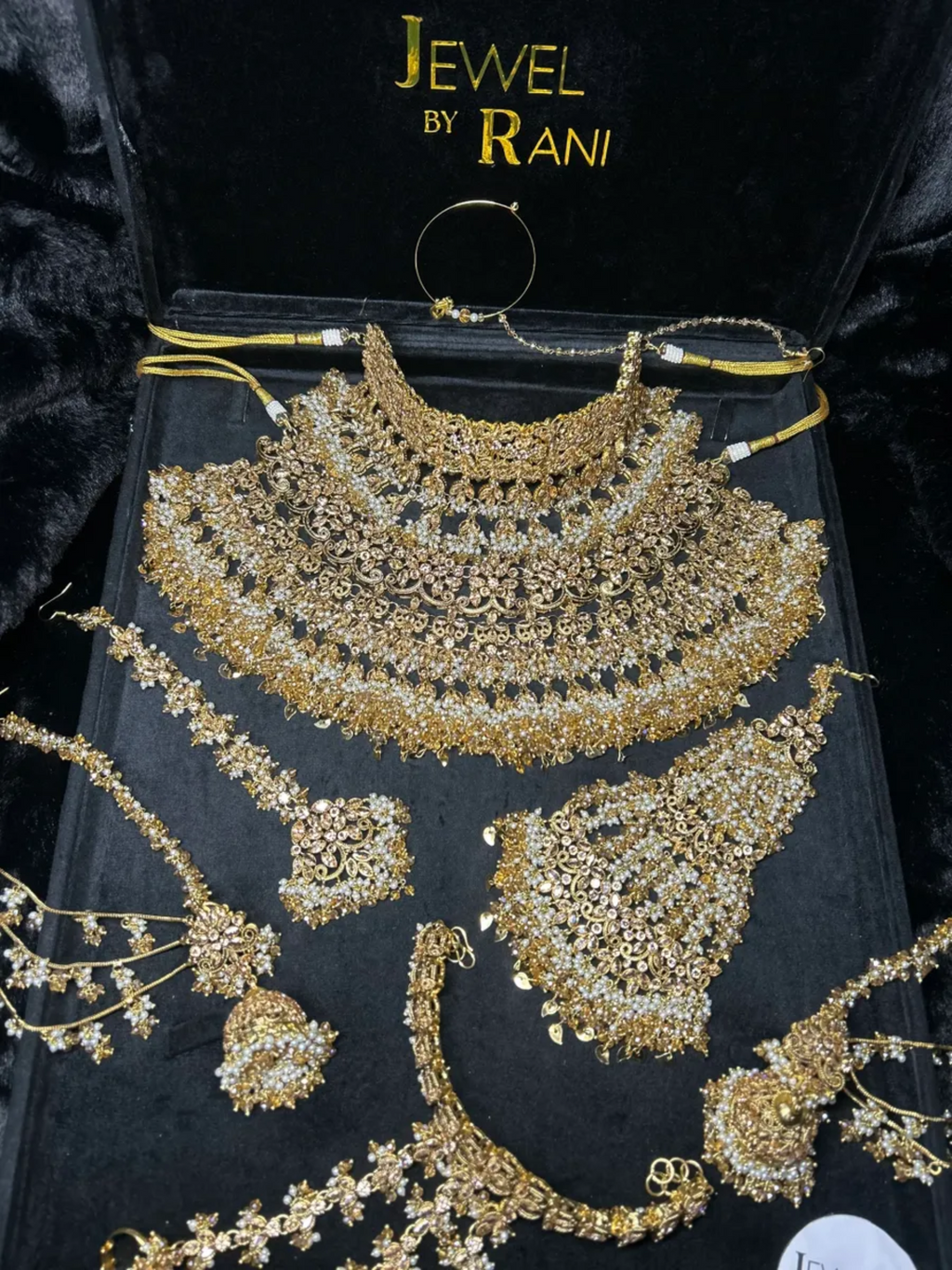 PRE ORDER: 6 Week Making time- Double Choker & Necklace Gold and White 24 crt Gold Plated Bridal Jewellery Set | Choker & Necklace + hand piece - Jewelsbyrani
