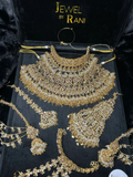 PRE ORDER: 6 Week Making time- Double Choker & Necklace Gold and White 24 crt Gold Plated Bridal Jewellery Set | Choker & Necklace + hand piece - Jewelsbyrani