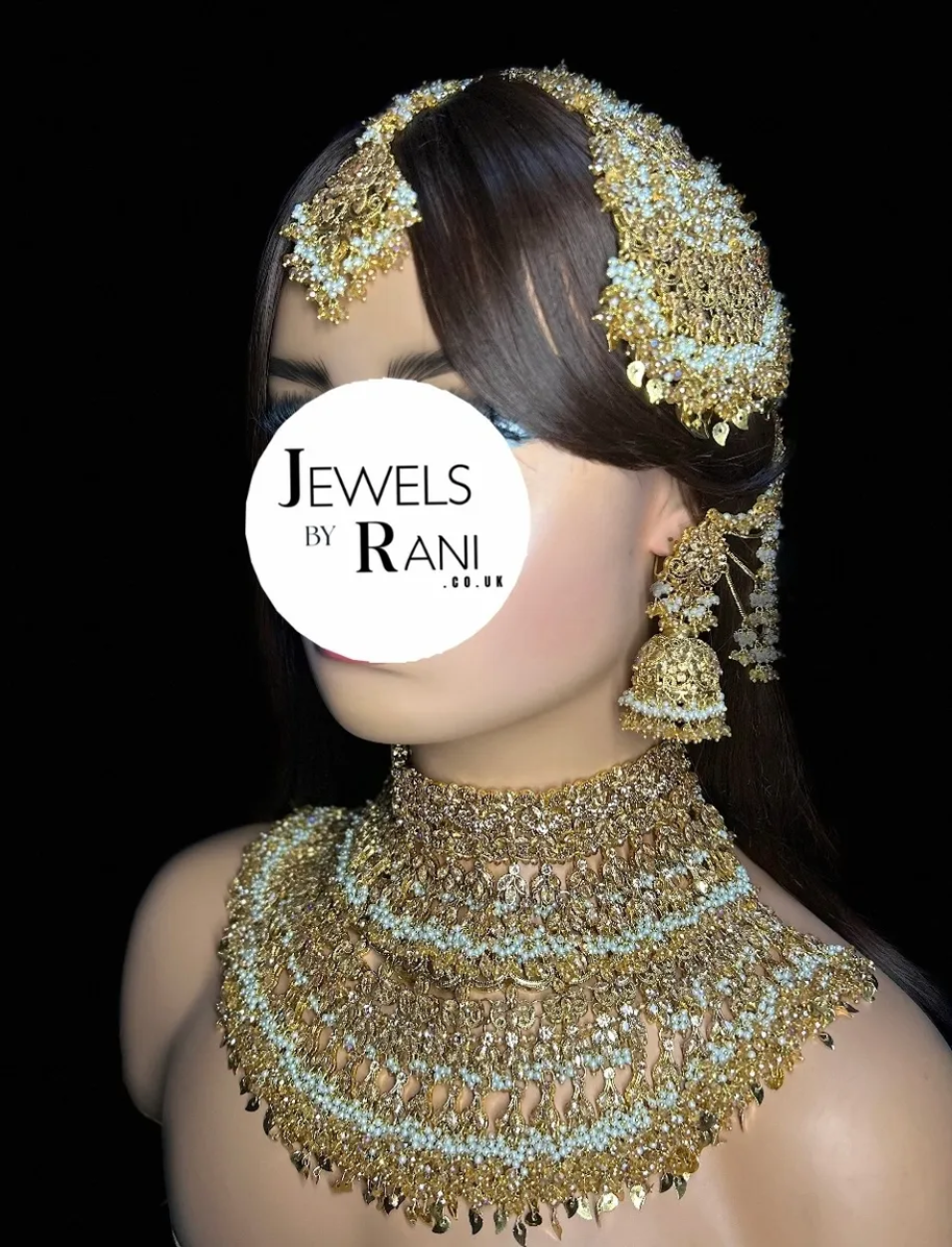 PRE ORDER: 6 Week Making time- Double Choker & Necklace Gold and White 24 crt Gold Plated Bridal Jewellery Set | Choker & Necklace + hand piece - Jewelsbyrani