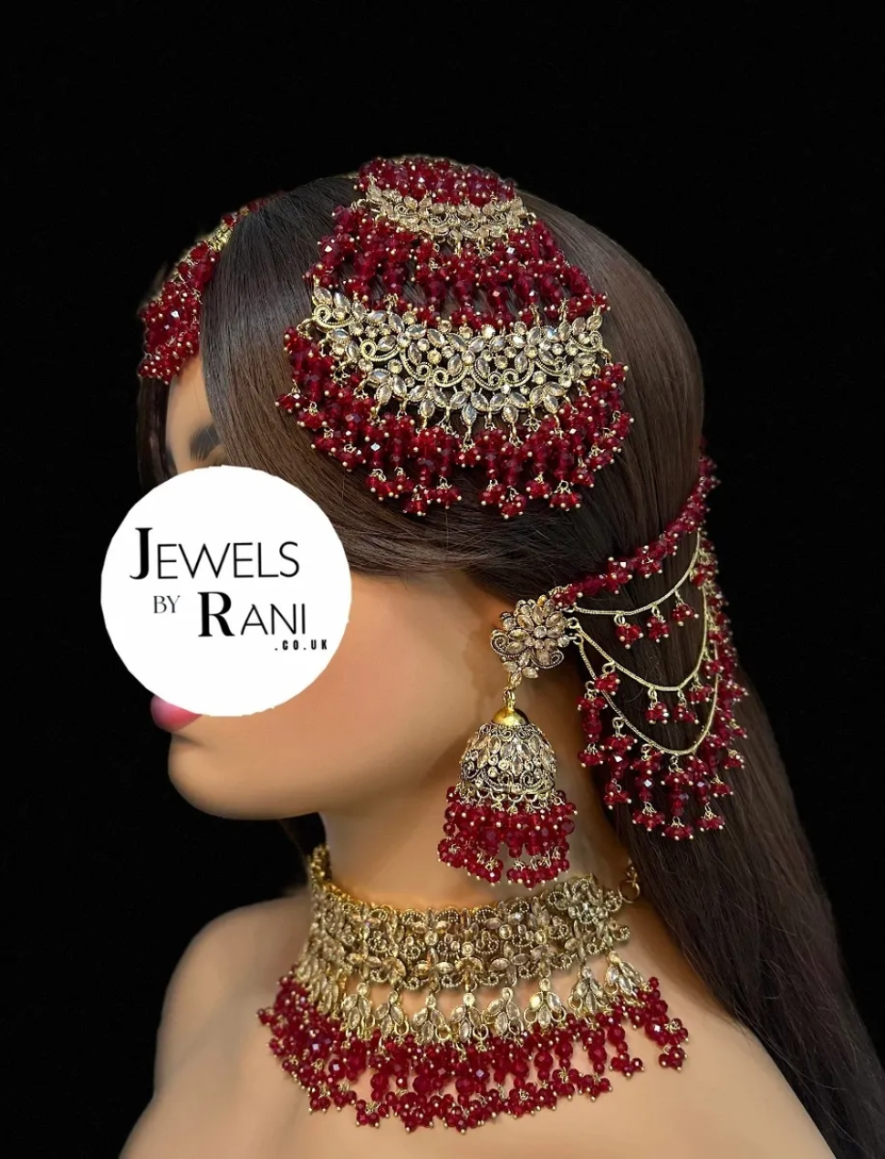 Pakistani Gorgeous Choker Deep Red Full Bridal Jewellery Set/ Style 60 - Jewelsbyrani