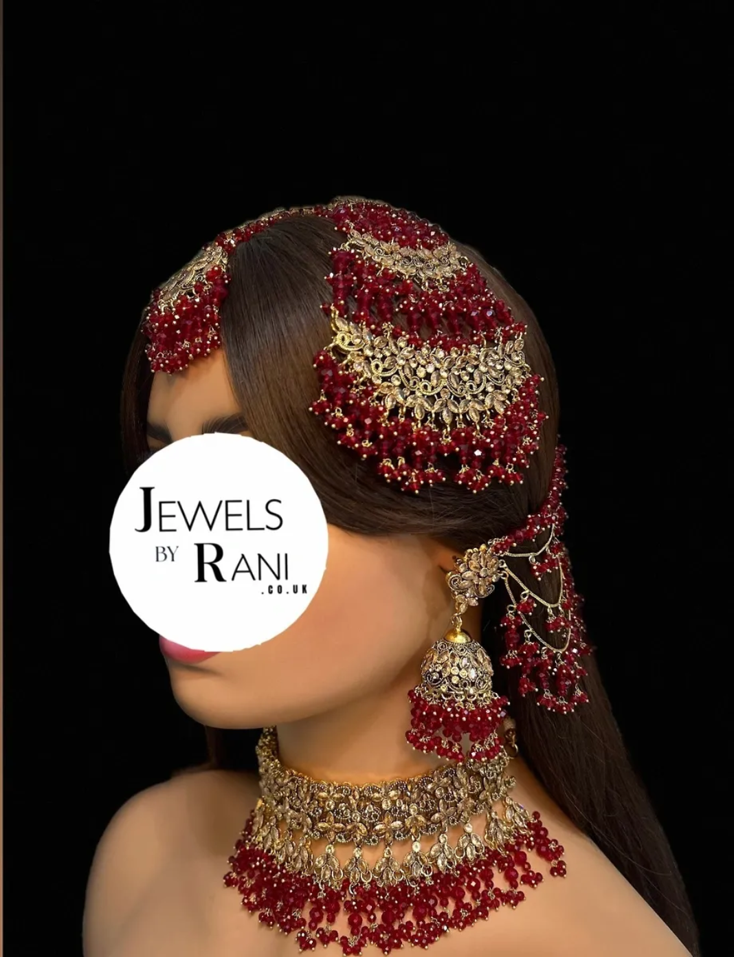 Pakistani Gorgeous Choker Deep Red Full Bridal Jewellery Set/ Style 60 - Jewelsbyrani