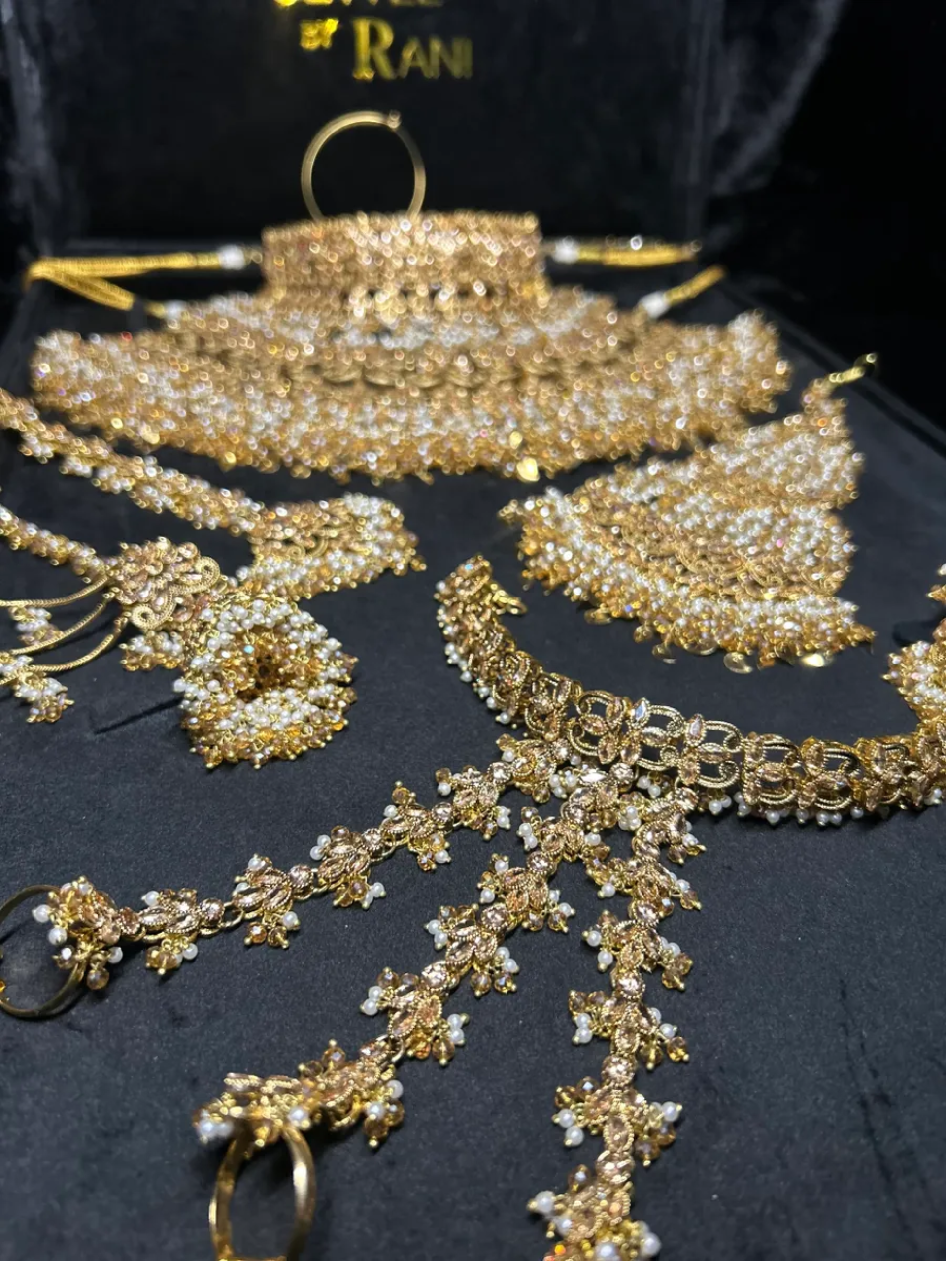 PRE ORDER: 6 Week Making time- Double Choker & Necklace Gold and White 24 crt Gold Plated Bridal Jewellery Set | Choker & Necklace + hand piece - Jewelsbyrani