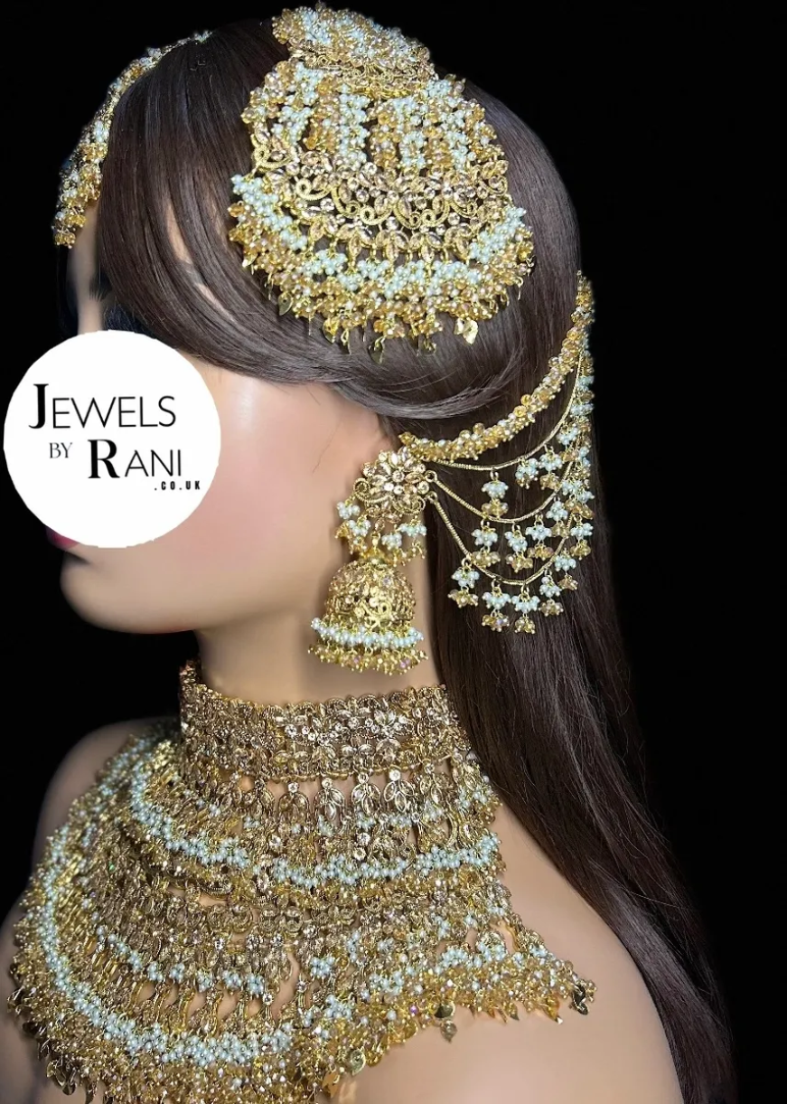 PRE ORDER: 6 Week Making time- Double Choker & Necklace Gold and White 24 crt Gold Plated Bridal Jewellery Set | Choker & Necklace + hand piece - Jewelsbyrani