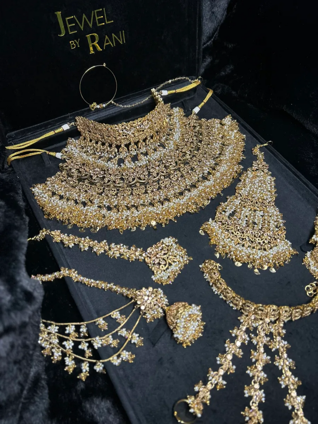 PRE ORDER: 6 Week Making time- Double Choker & Necklace Gold and White 24 crt Gold Plated Bridal Jewellery Set | Choker & Necklace + hand piece - Jewelsbyrani