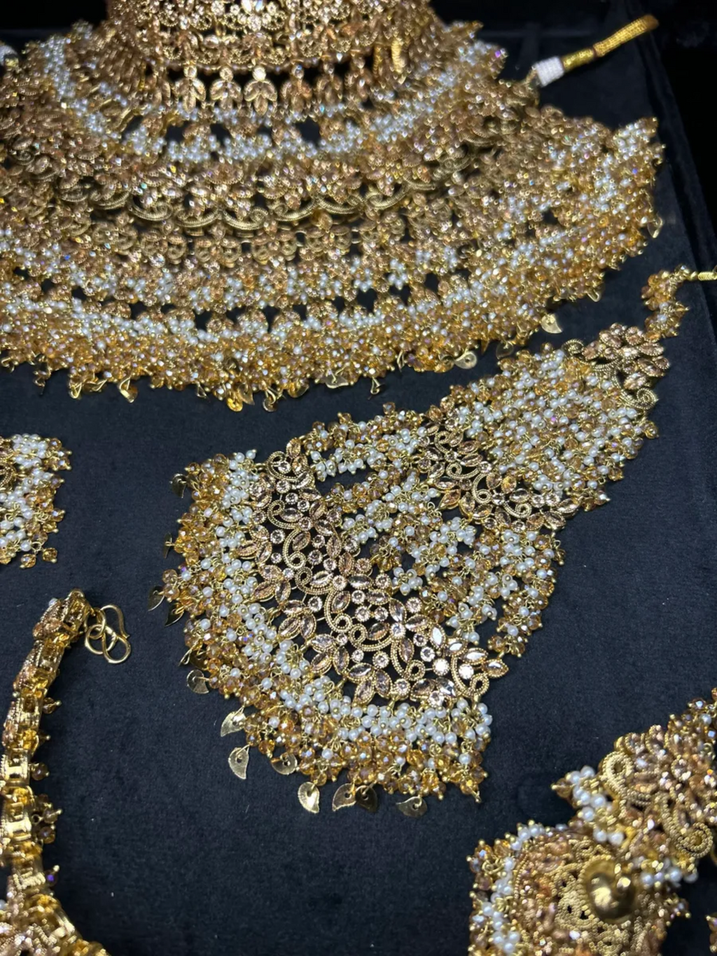 PRE ORDER: 6 Week Making time- Double Choker & Necklace Gold and White 24 crt Gold Plated Bridal Jewellery Set | Choker & Necklace + hand piece - Jewelsbyrani