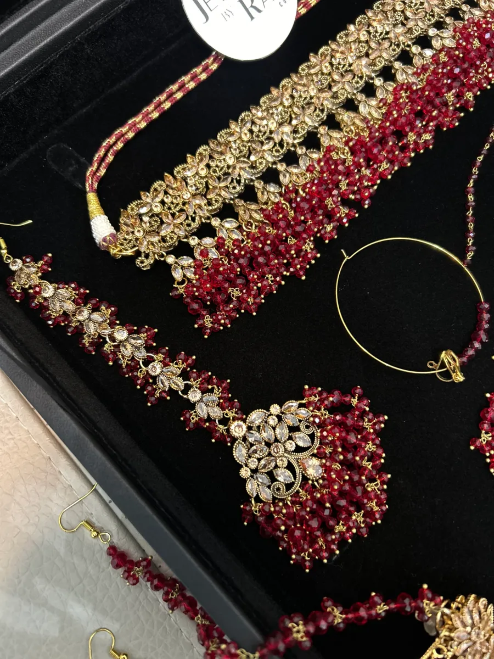 Pakistani Gorgeous Choker Deep Red Full Bridal Jewellery Set/ Style 60 - Jewelsbyrani