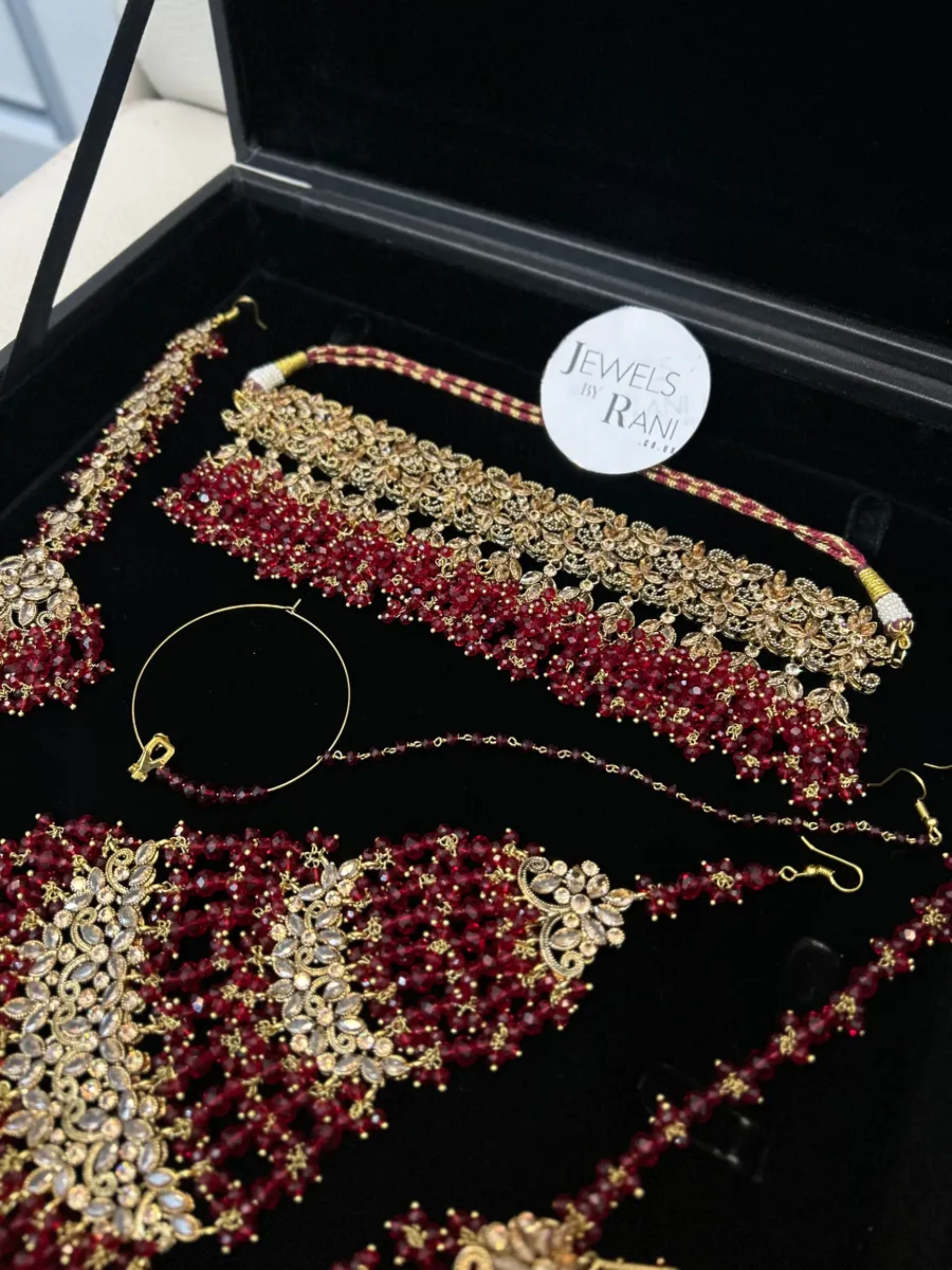 Pakistani Gorgeous Choker Deep Red Full Bridal Jewellery Set/ Style 60 - Jewelsbyrani