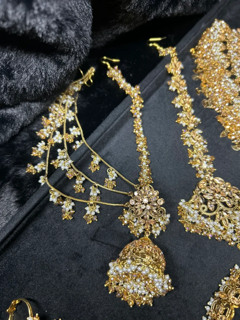 PRE ORDER: 6 Week Making time- Double Choker & Necklace Gold and White 24 crt Gold Plated Bridal Jewellery Set | Choker & Necklace + hand piece - Jewelsbyrani