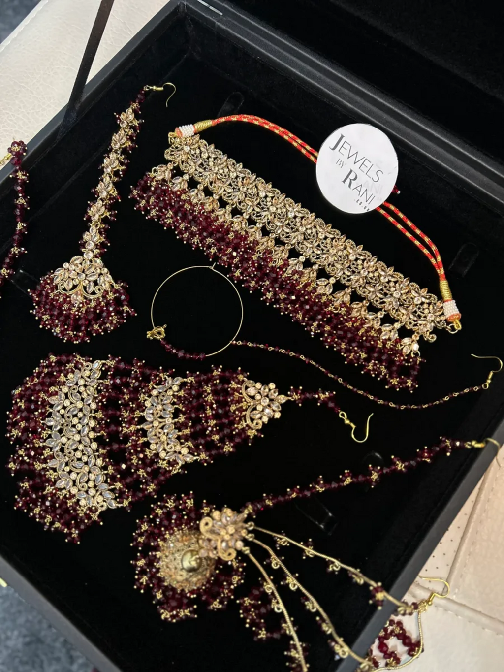 Gorgeous Pakistani Choker Maroon Full Bridal Jewellery Set/ Style 60 - Jewelsbyrani