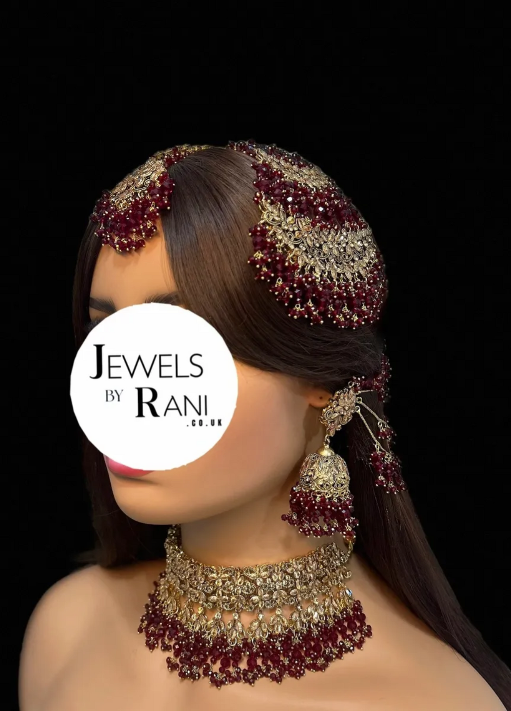 Gorgeous Pakistani Choker Maroon Full Bridal Jewellery Set/ Style 60 - Jewelsbyrani