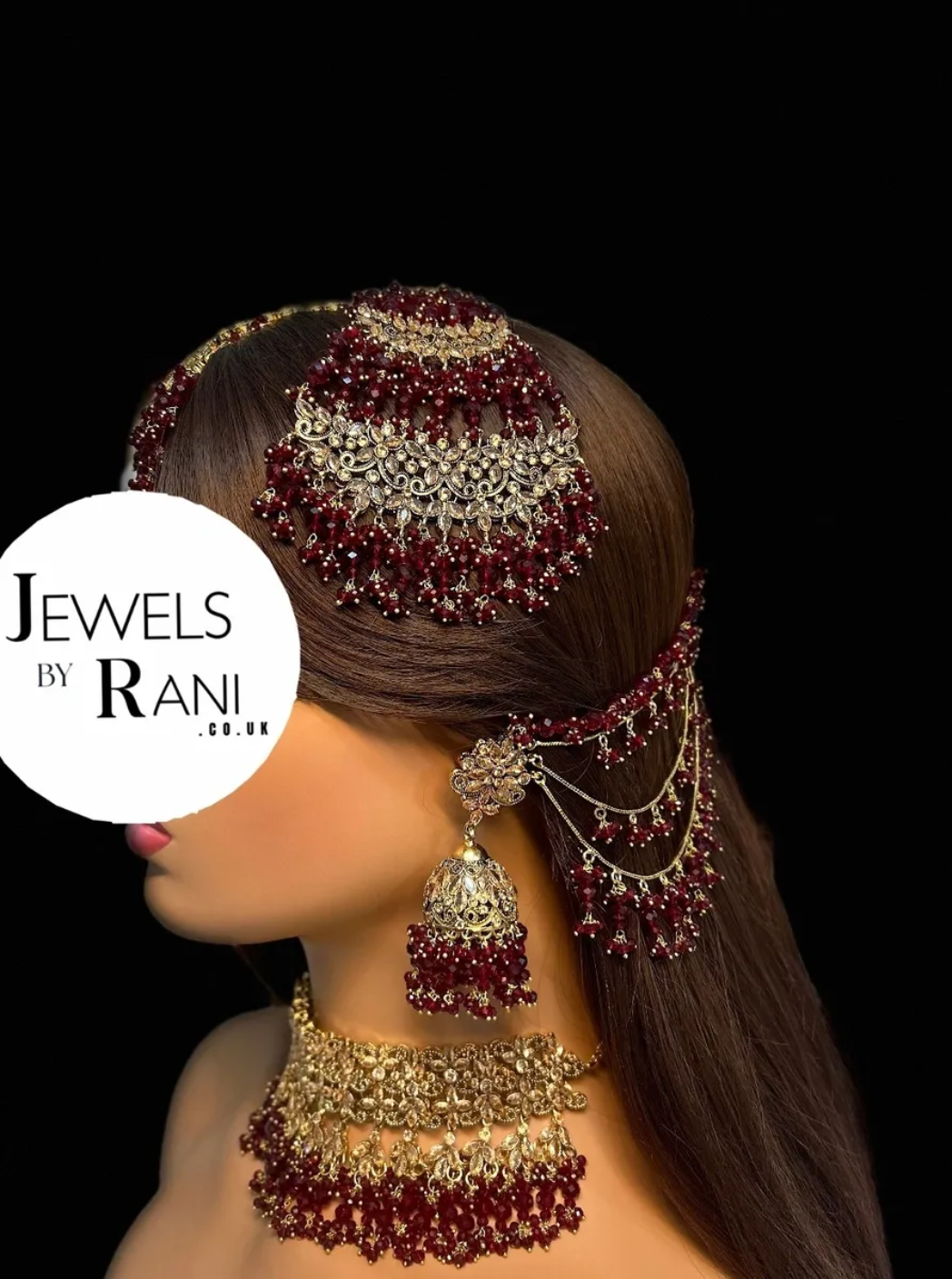 Gorgeous Pakistani Choker Maroon Full Bridal Jewellery Set/ Style 60 - Jewelsbyrani
