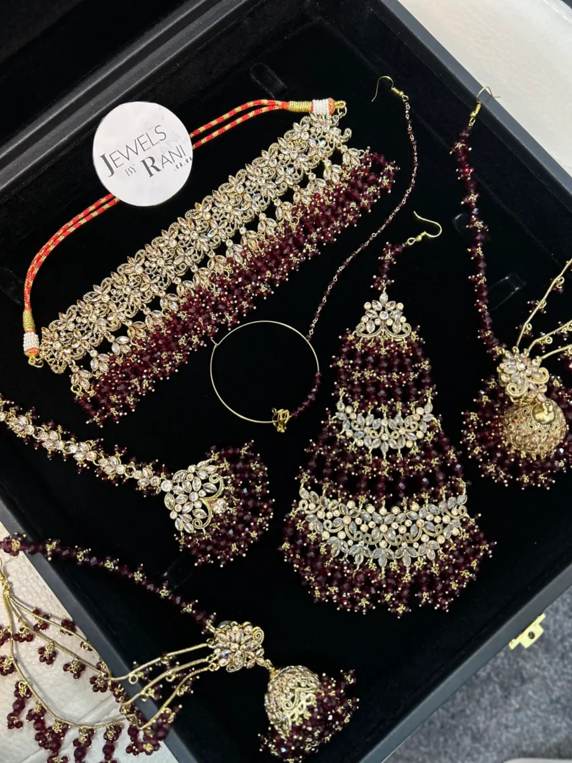 Gorgeous Pakistani Choker Maroon Full Bridal Jewellery Set/ Style 60 - Jewelsbyrani