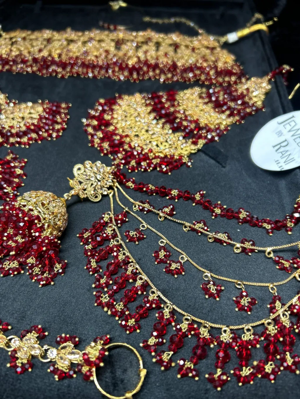 PRE ORDER: 6 Week Making time- Trending Deep Red 24 crt Gold Plated Bridal Jewellery Set | Choker - Jewelsbyrani