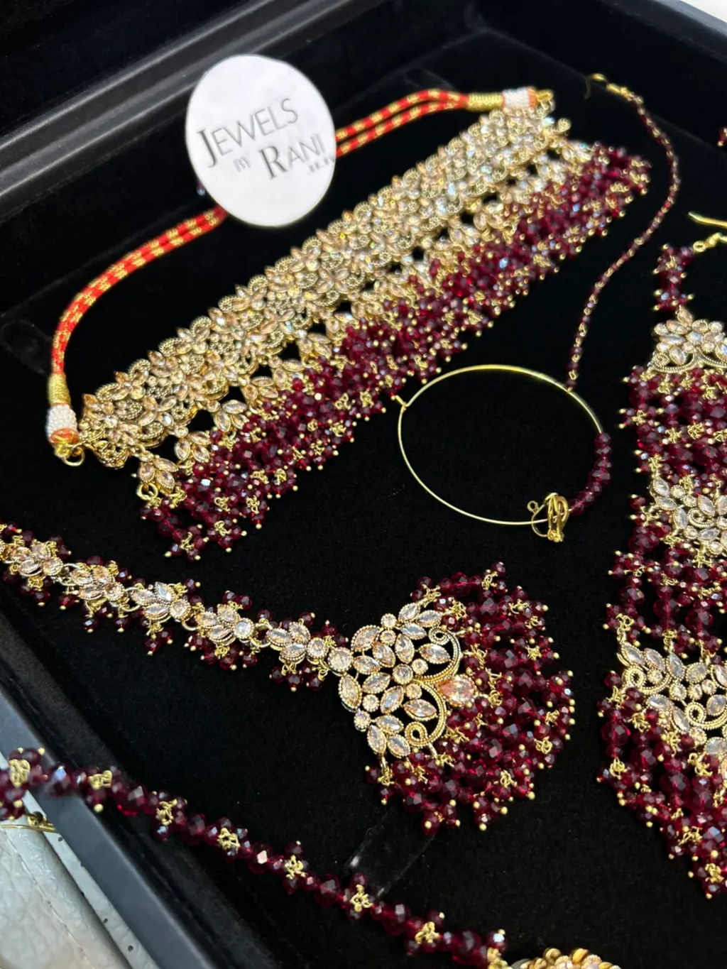 Gorgeous Pakistani Choker Maroon Full Bridal Jewellery Set/ Style 60 - Jewelsbyrani