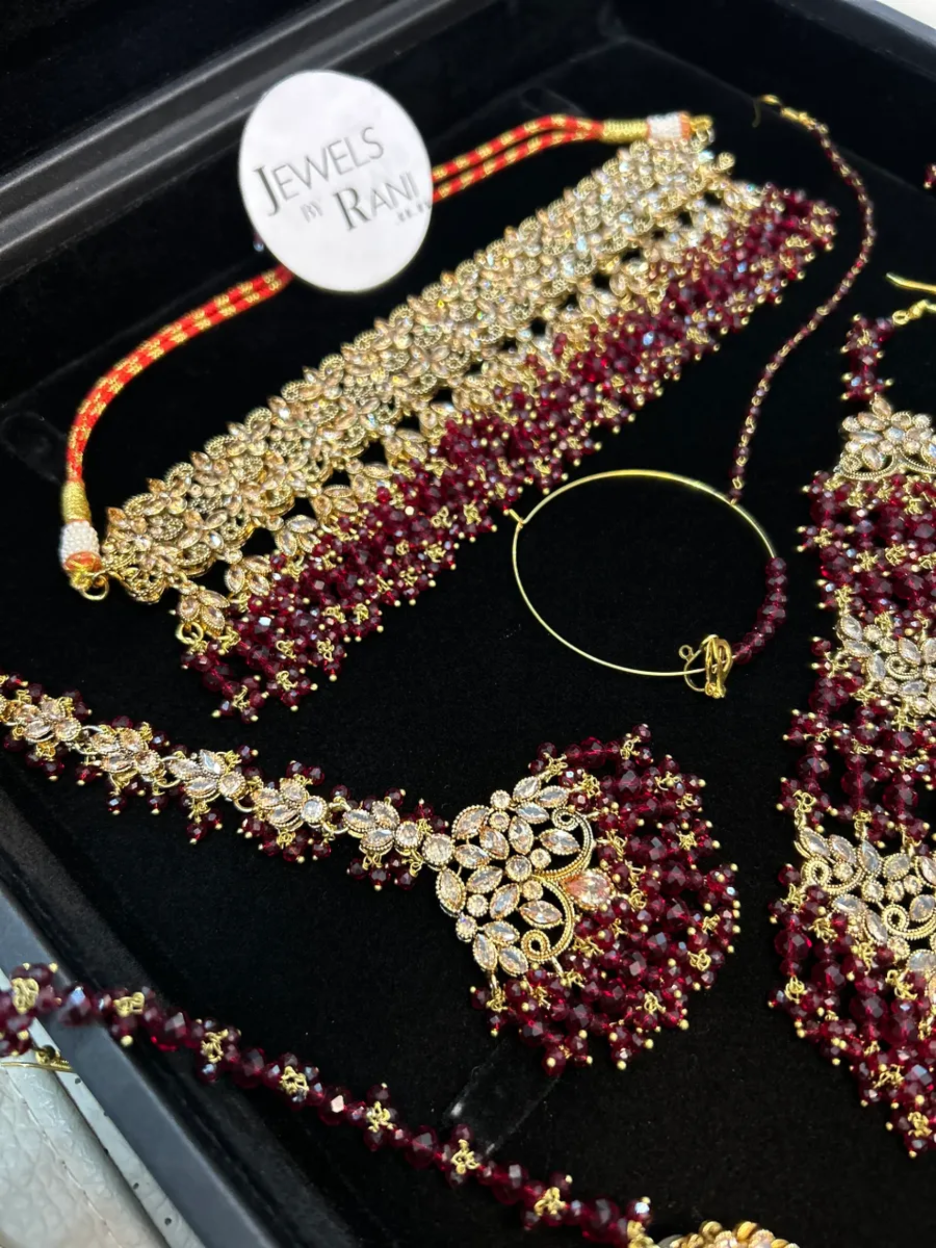 Gorgeous Pakistani Choker Maroon Full Bridal Jewellery Set/ Style 60 - Jewelsbyrani