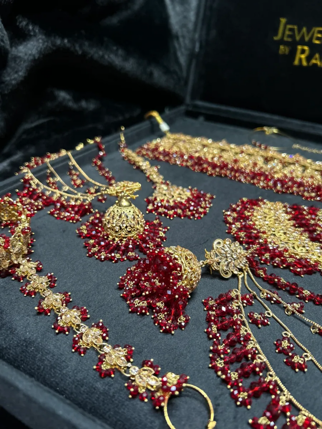PRE ORDER: 6 Week Making time- Trending Deep Red 24 crt Gold Plated Bridal Jewellery Set | Choker - Jewelsbyrani