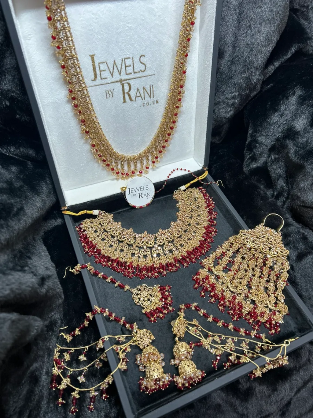 PRE ORDER: 6 Week Making time- Stunning Deep Red & Gold 24 crt Gold Plated Bridal Jewellery Set + Mala - Jewelsbyrani