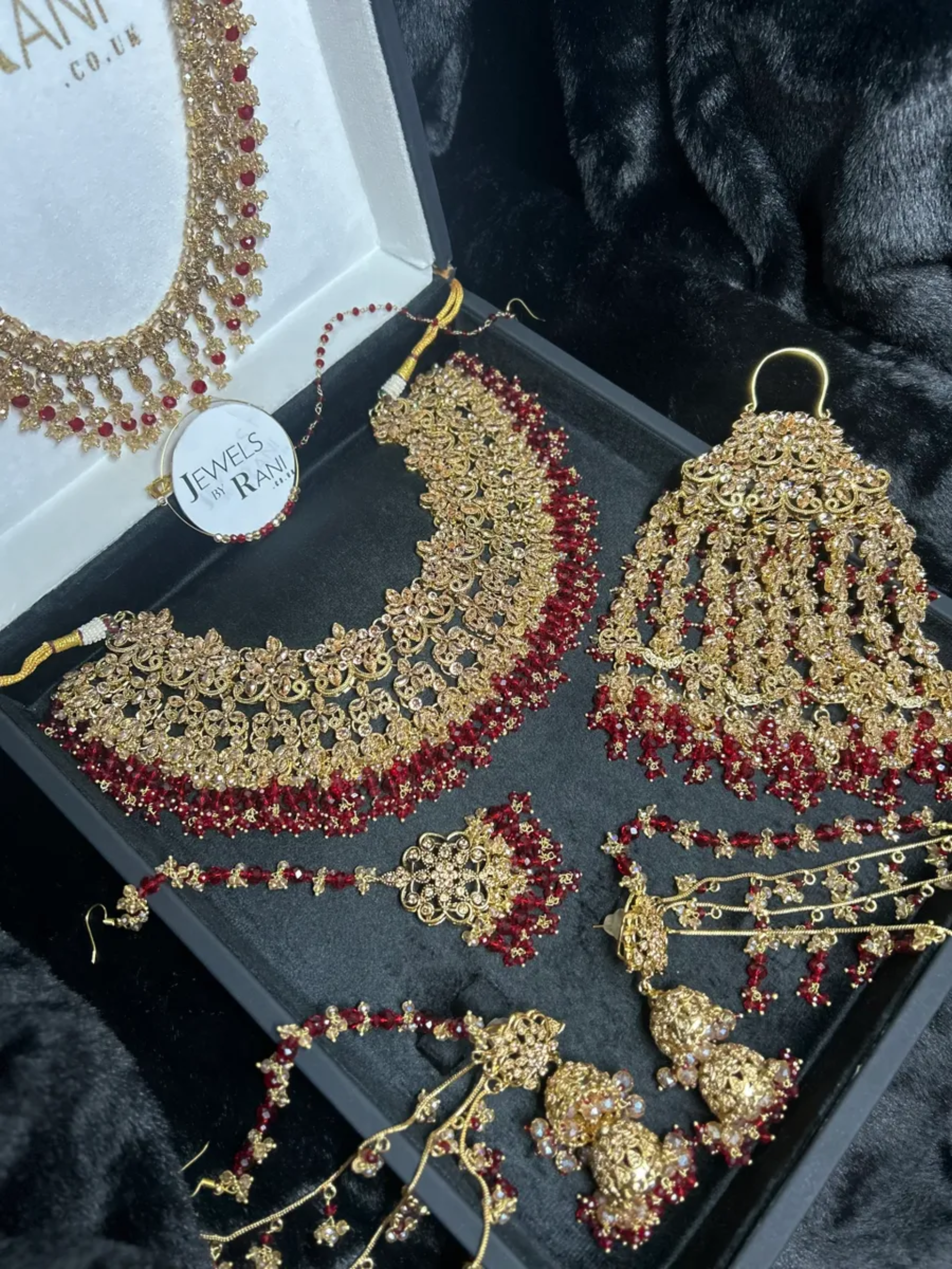 PRE ORDER: 6 Week Making time- Stunning Deep Red & Gold 24 crt Gold Plated Bridal Jewellery Set + Mala - Jewelsbyrani
