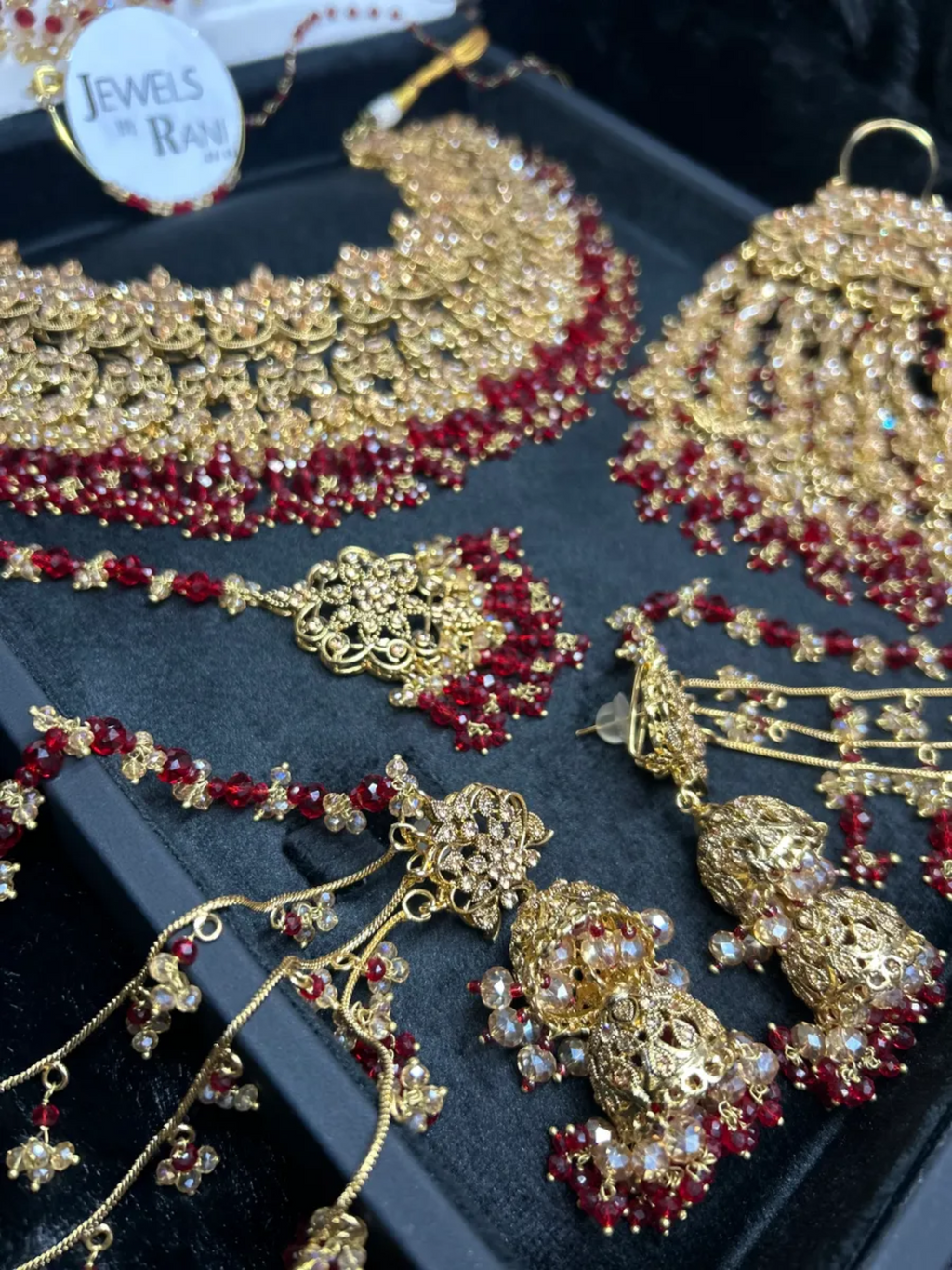 PRE ORDER: 6 Week Making time- Stunning Deep Red & Gold 24 crt Gold Plated Bridal Jewellery Set + Mala - Jewelsbyrani