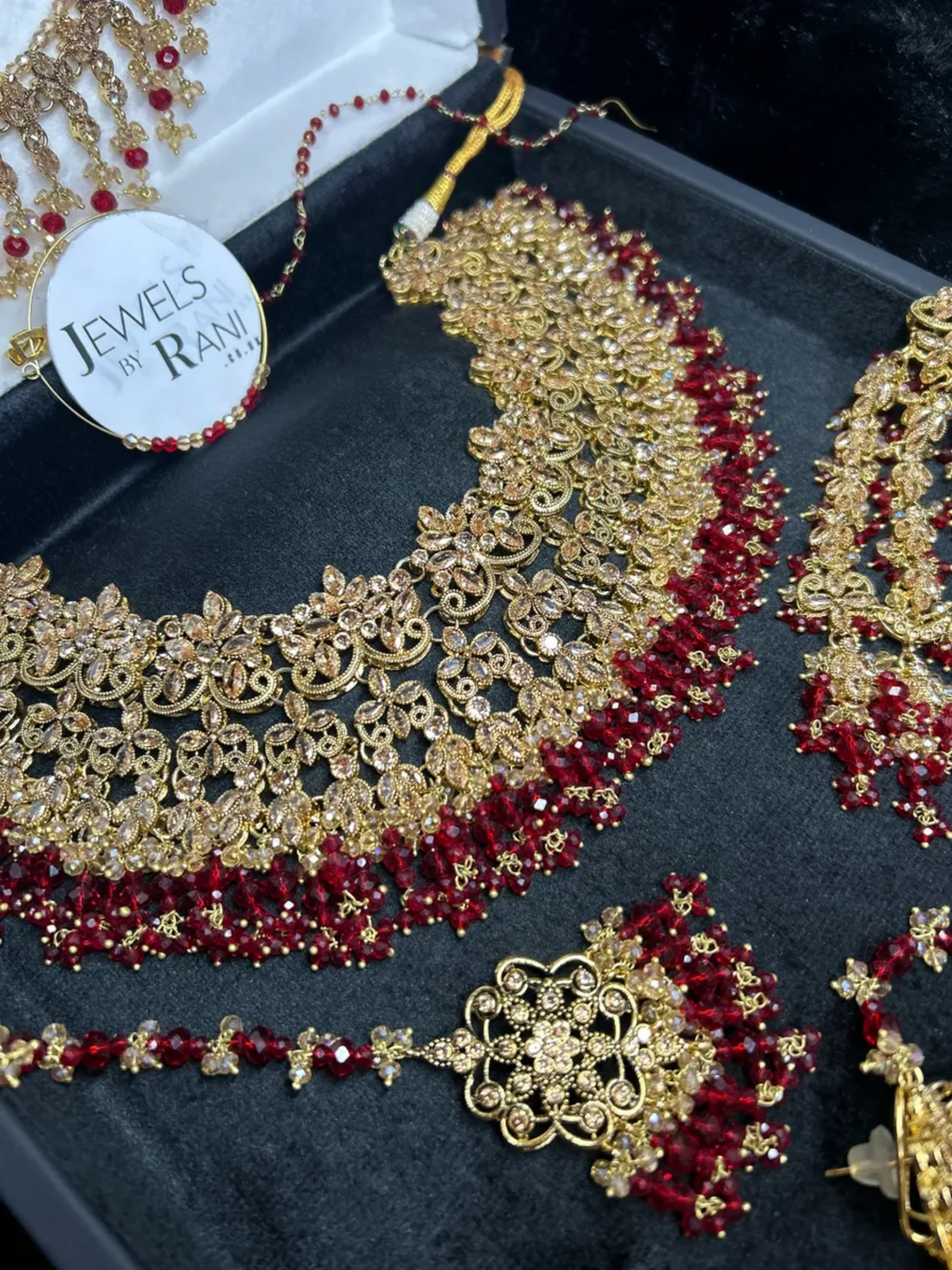 PRE ORDER: 6 Week Making time- Stunning Deep Red & Gold 24 crt Gold Plated Bridal Jewellery Set + Mala - Jewelsbyrani