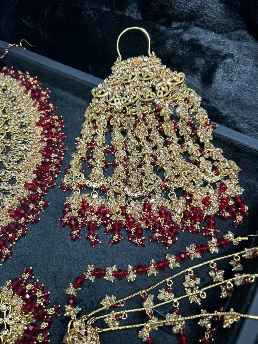 PRE ORDER: 6 Week Making time- Stunning Deep Red & Gold 24 crt Gold Plated Bridal Jewellery Set + Mala - Jewelsbyrani