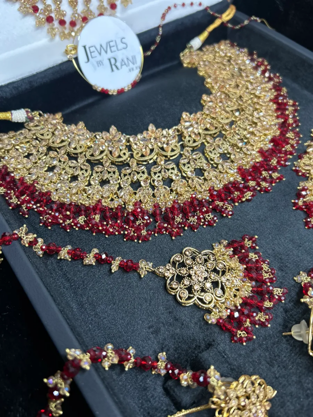 PRE ORDER: 6 Week Making time- Stunning Deep Red & Gold 24 crt Gold Plated Bridal Jewellery Set + Mala - Jewelsbyrani
