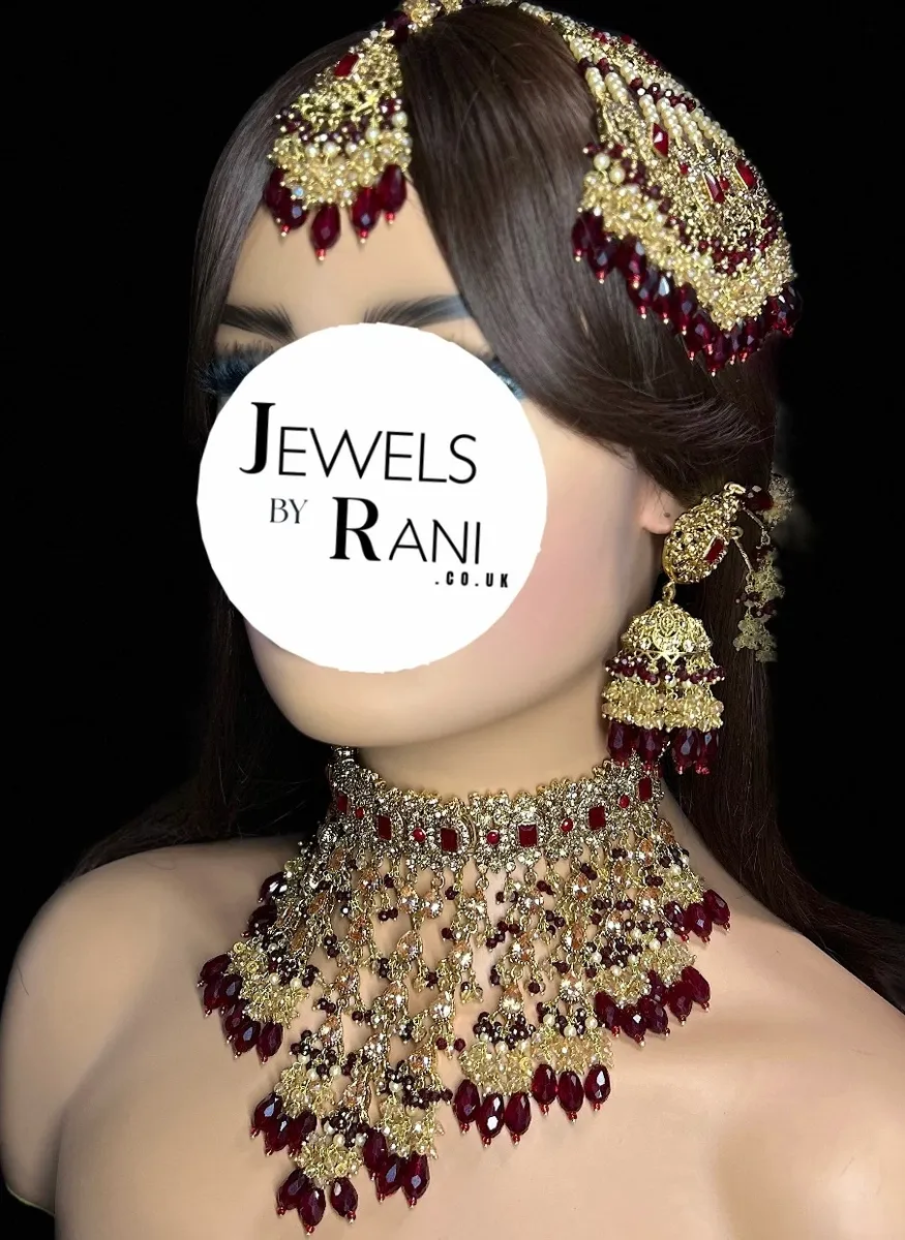 PRE ORDER: 6 Week Making time- Trending Dangled Crystal Maroon 24 crt Gold Plated Bridal Jewellery Set - Jewelsbyrani