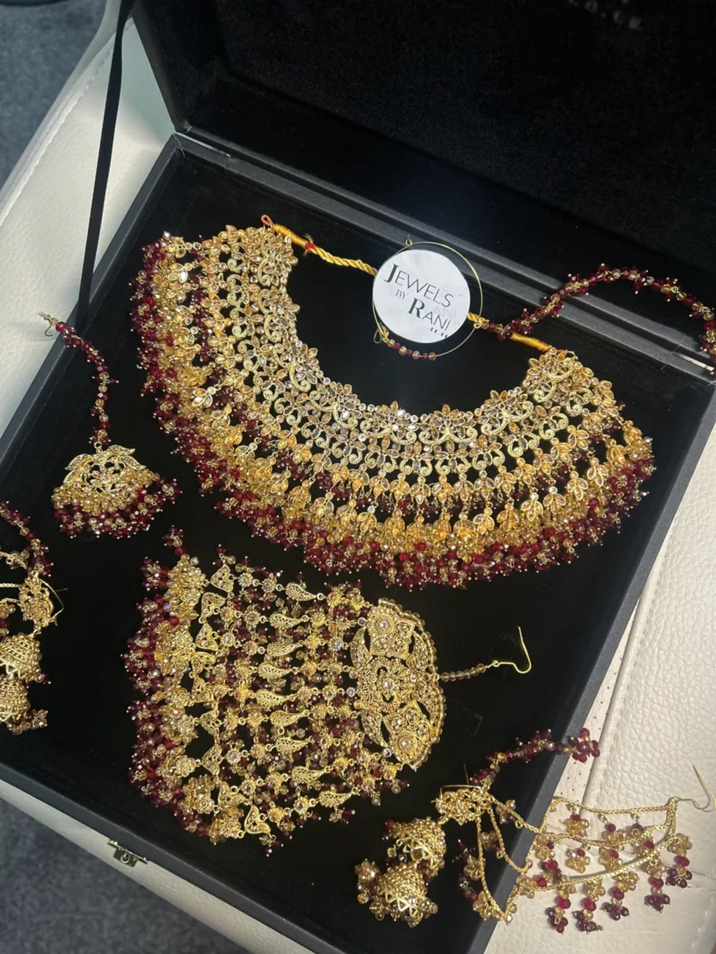 Stunning, Maroon & Gold Pakistani Full Bridal Necklace Set - Jewelsbyrani