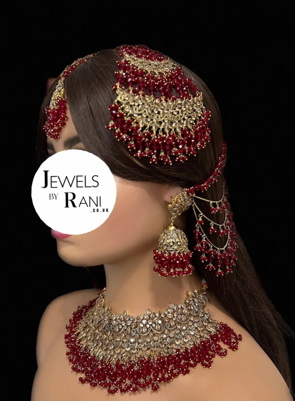 Stunning, Trending Pakistani Deep Red Full Bridal Jewellery Set/ Style 75 - Jewelsbyrani