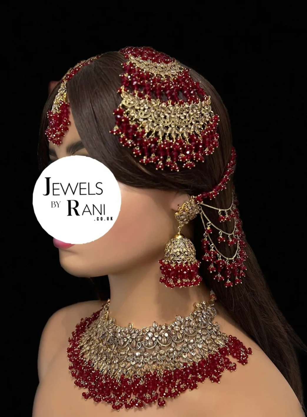 Stunning, Trending Pakistani Deep Red Full Bridal Jewellery Set/ Style 75 - Jewelsbyrani