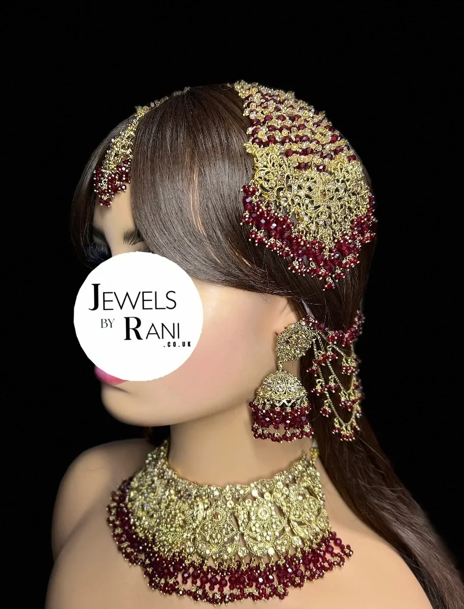 PRE ORDER: 6 Week Making time- Trending Maroon 24 crt Gold Plated Bridal Jewellery Set - Jewelsbyrani