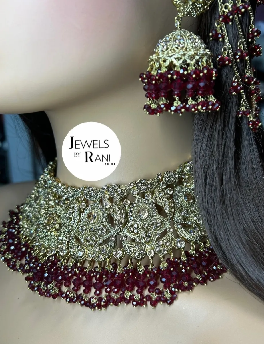PRE ORDER: 6 Week Making time- Trending Maroon 24 crt Gold Plated Bridal Jewellery Set - Jewelsbyrani