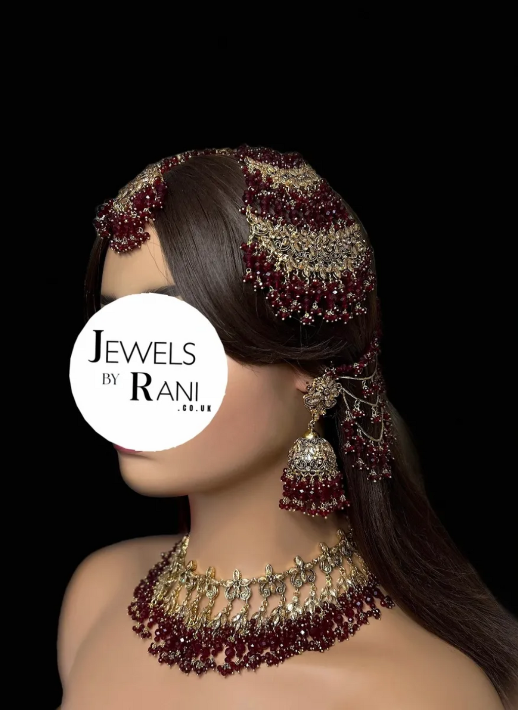 Elegant Maroon and Gold Full Pakistani Bridal Jewellery Set/ Style 30 - Jewelsbyrani