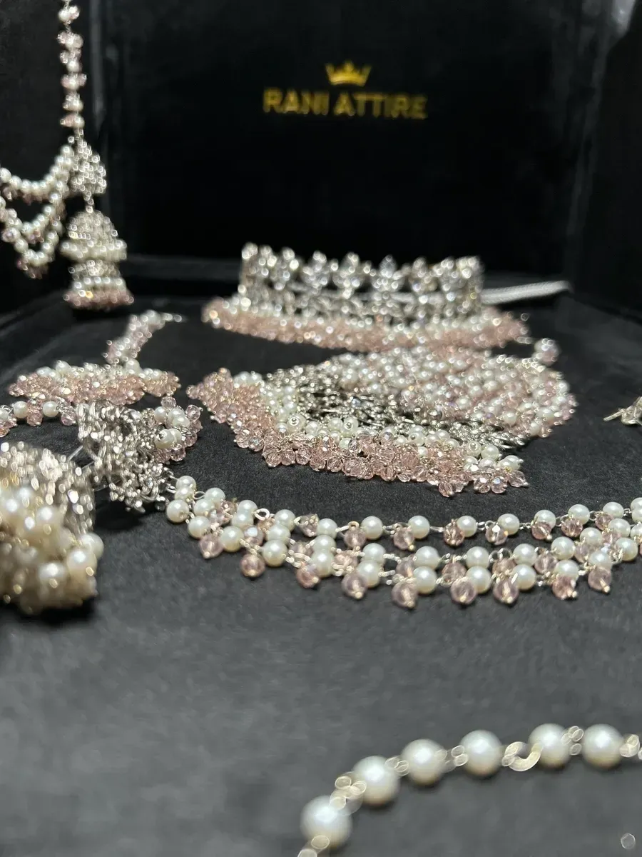 Pakistani Silver and Pink Choker + Baby Pink with Pearls heavily beaded Bridal Set - Jewelsbyrani