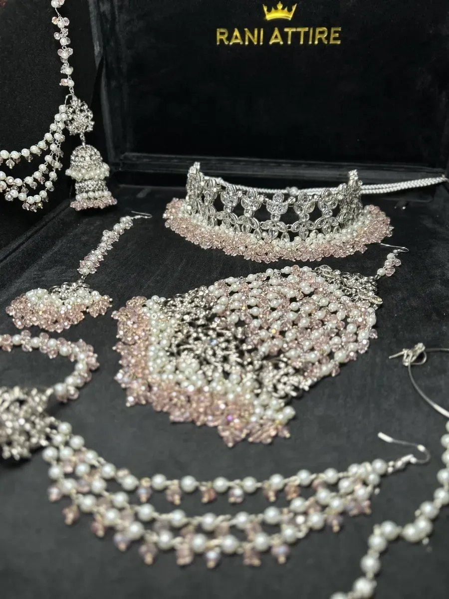 Pakistani Silver and Pink Choker + Baby Pink with Pearls heavily beaded Bridal Set - Jewelsbyrani